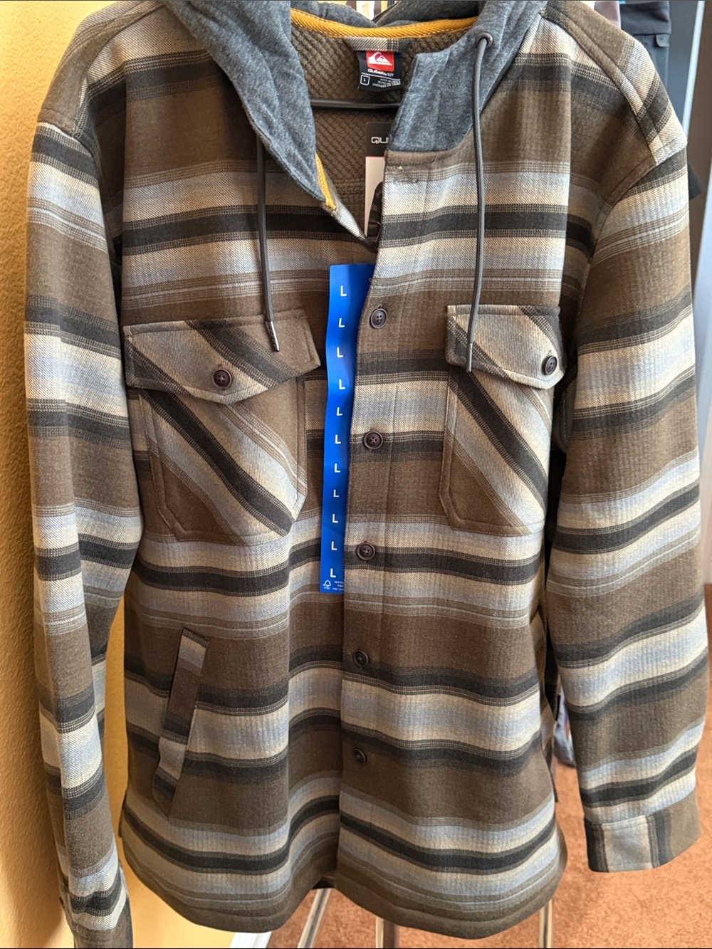 Quiksilver Men’s Brown and Cream Striped Hooded Shirt Jacket